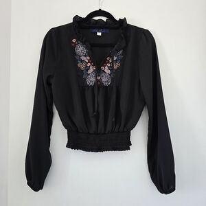 Blue Rain Black Ruffled Blouse with Embellished Neckline
